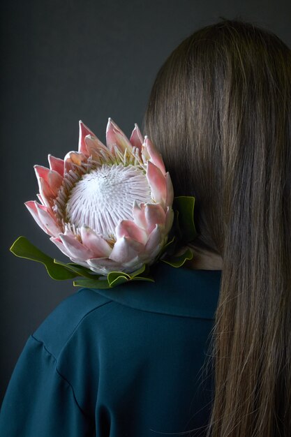 Hintere Ansicht eines Mädchens mit dem dunklen Haar, das eine rosa Proteablume auf einem dunklen Hintergrund, selektiver Fokus hält