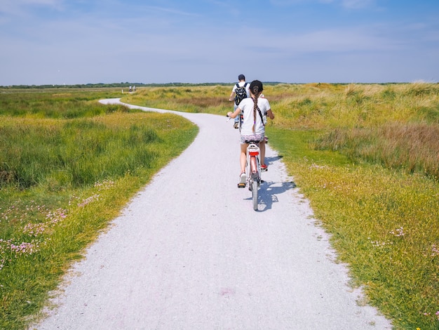 Hintere Ansichtradfahrerfamilie, die auf die Straße im Dünengebiet von Schiermonnikoog-Insel reist.