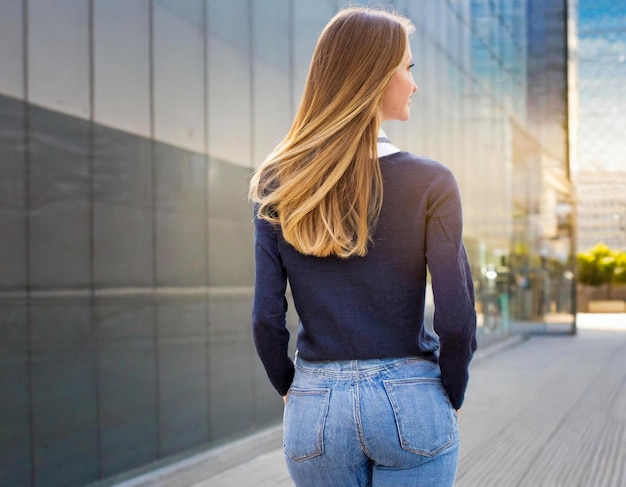 hintere Sicht junge blonde Frau in Jeans schlanke Mode Mädchen auf der Straße zu Fuß