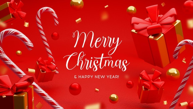 Foto hintergrund 3d der frohen weihnachten und des guten rutsch ins neue jahr. roter und goldener weihnachtshintergrund mit geschenkbox