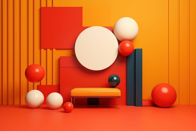 Hintergrund 3D-Szene mit orangefarbener Bank-Attrappe, geometrisches weißes und rotes Formobjekt, Szene mit hellen Farben, abstraktes, minimales Konzept, sauberes Design, 3D-Rendering-Stil, generative KI