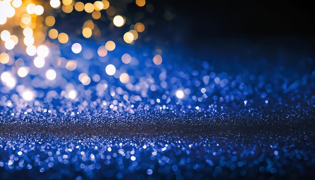 Hintergrund aus abstrakten Glitzerlichtern, goldblau und schwarz de fokussiert