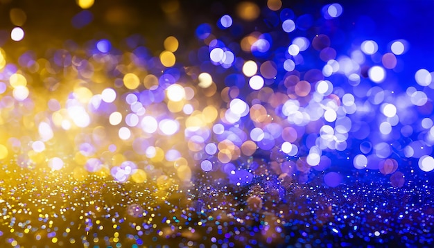 Hintergrund aus abstrakten Glitzerlichtern, goldblau und schwarz de fokussiert