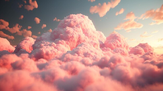 Hintergrund aus flauschigen babyrosa pastellfarbenen Zuckerwattewolken am Himmel Generative KI