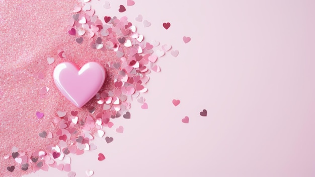 Hintergrund aus glitzernden Herzen und Konfetti auf rosa