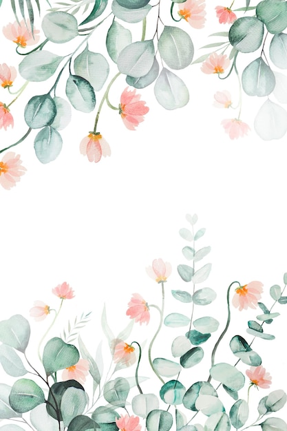 Foto hintergrund aus grünen aquarell-eukalyptusblättern und rosa blumen, die illustration heiraten