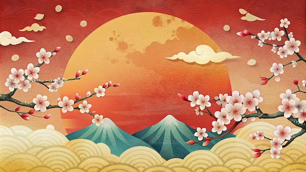Hintergrund aus Kirschblüten im japanischen Stil mit Sonnen- und Wolkenillustration