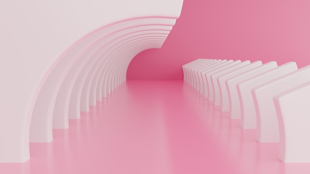 Hintergrund der abstrakten Architektur. 3d Illustration des weißen kreisförmigen Gebäudes und der rosa Wand.