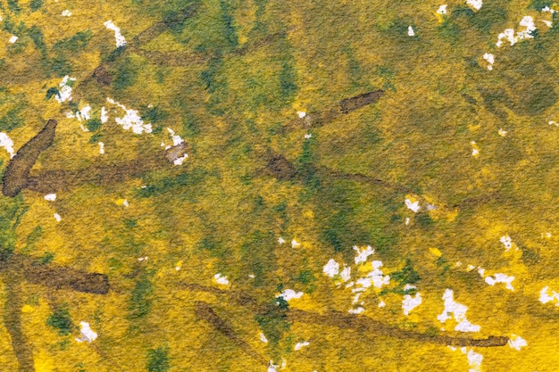 Hintergrund der abstrakten Kunst dunkelgelbe und grüne Farben, Aquarell auf Leinwand,