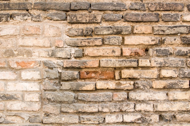 Hintergrund der alten schmutzigen Backsteinmauer der Weinlese mit abblätterndem Putz