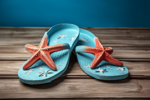 Hintergrund der blauen hölzernen Hintergrundvertikale der Flipflops-Starfishsommerküste