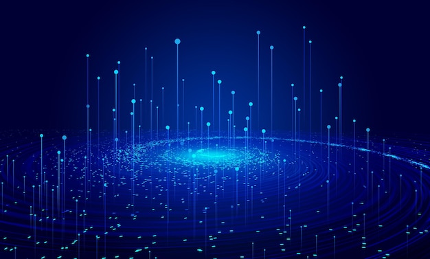 Hintergrund der blauen Teilchenlinie Spiralvortex und Strahl Internettechnologie