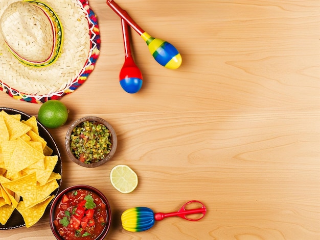 Hintergrund der Cinco de Mayo-Ferien Kaktus-Hut Nachos und Maracas