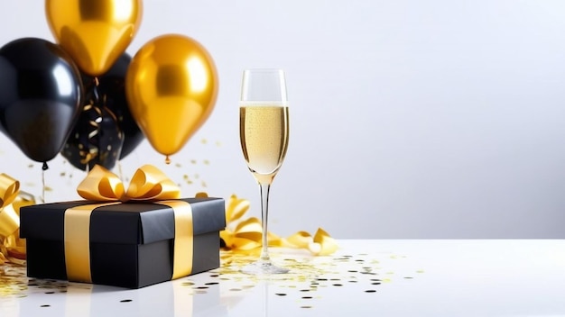 Foto hintergrund der feier mit champagnerglas-geschenkkiste und ballons