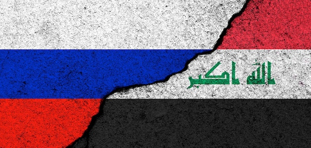 Hintergrund der Flaggen Russlands und des Irak Diplomatie und politischer Konflikt und Wettbewerb Partnerschafts- und Kooperationskonzept Foto