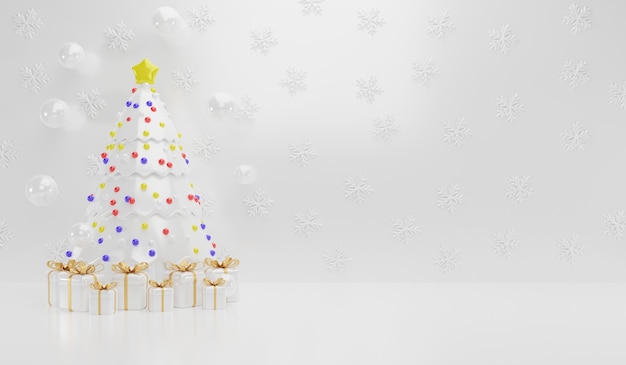 Hintergrund der frohen Weihnachten mit Weihnachtsbaum und Geschenkbox. 3D-Rendering