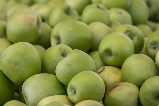 Hintergrund der grünen Äpfel. Frische Apfelsorte, die im Geschäft angebaut wird. Apfel geeignet für Saft, Strudel, Apfelpüree, Kompott