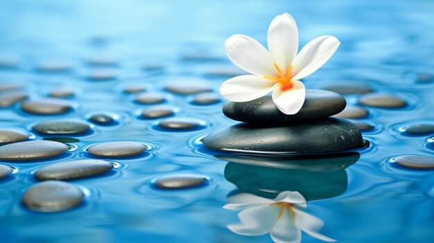 Hintergrund der Harmonie und Entspannung mit einer Blume und Steinen im Wasser GENERATE AI