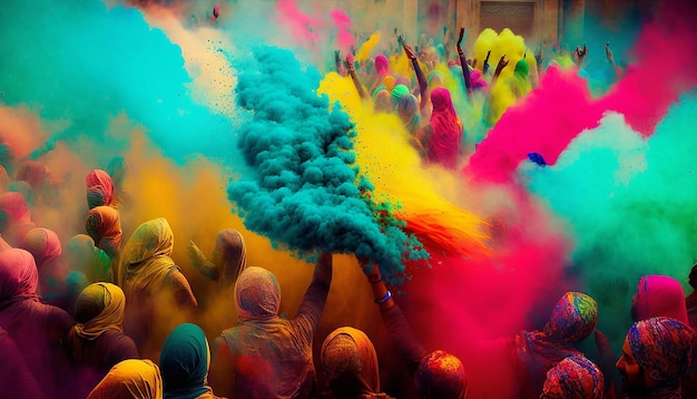 Hintergrund der Holi-Party, mit farbigem Pulver bedeckte Menschen, generative ai