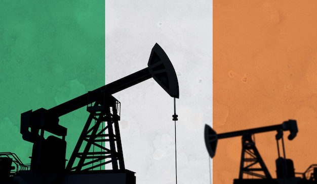 Hintergrund der Öl- und Gasindustrie Ölpumpensilhouette gegen die Darstellung der irischen Flagge d
