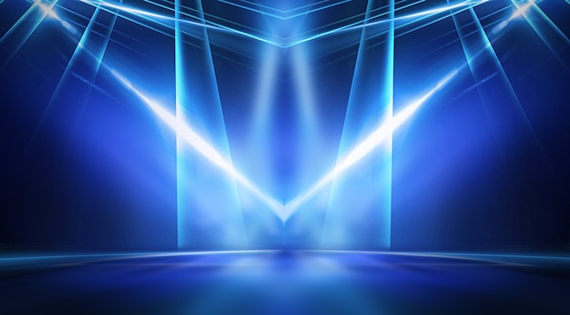 Hintergrund der leeren bühnenshow. neonlicht und lasershow. laser futuristische formen auf einem dunklen hintergrund. blaues neonlicht, symmetrische reflexion
