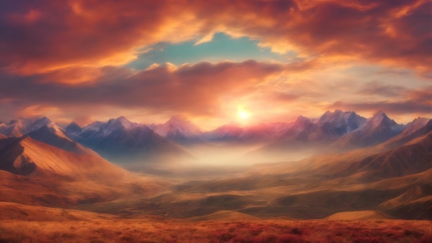 Foto hintergrund der natur von bergen panorama farbiger sonnenuntergang im wilden tal windiger himmel braune töne