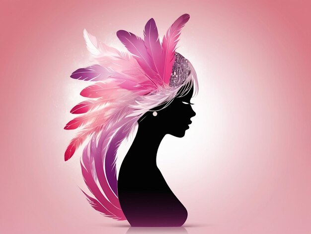 Hintergrund der schwarzen Silhouette Zeichnung einer jungen Frau mit farbenfrohen Federn auf dem Kopf auf