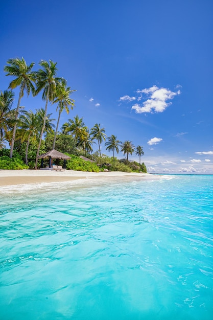 Hintergrund der Sommerreise. Exotische tropische Strandinsel, paradiesische Küste. Palmenmeersandhimmel