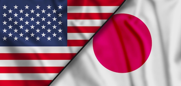 Hintergrund der USA und der japanischen Flagge Wehende Flagge von Japan und den USA