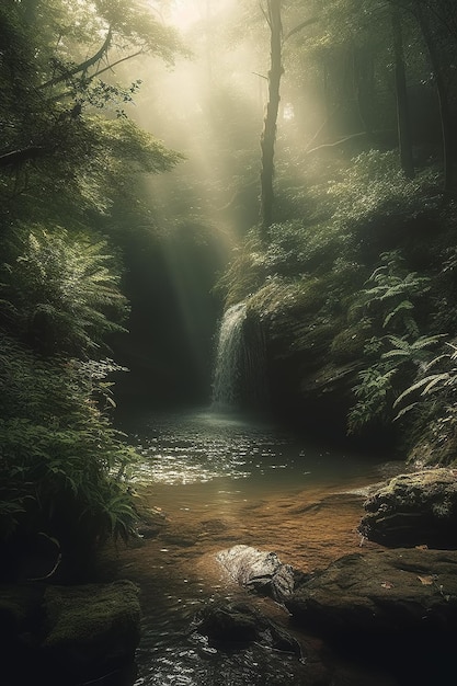 Hintergrund der von KI generierten Forest Stream Adventure-Aktivitäten