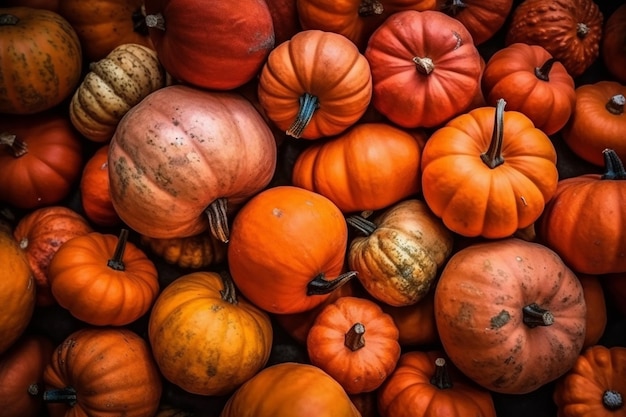 Hintergrund der Weihnachtszeit: orangefarbener Haufen Herbsterntekürbisse für Halloween und Thanksgiving