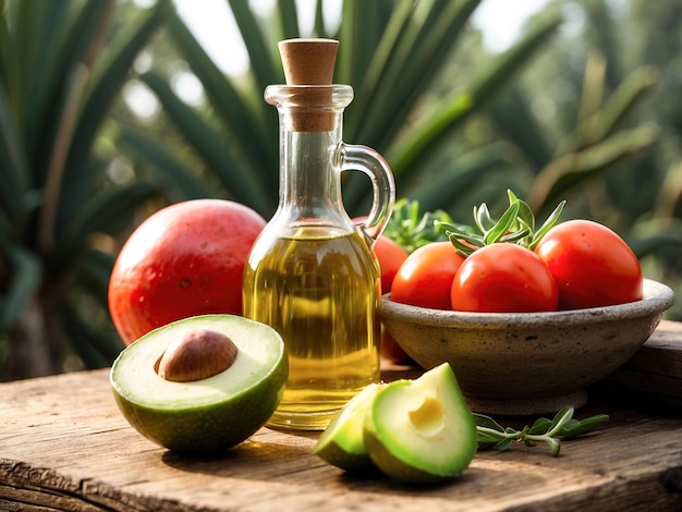 Hintergrund der Zutaten für das Kochen Olivenöl und frisches Gemüse und Obst auf einem Holztisch