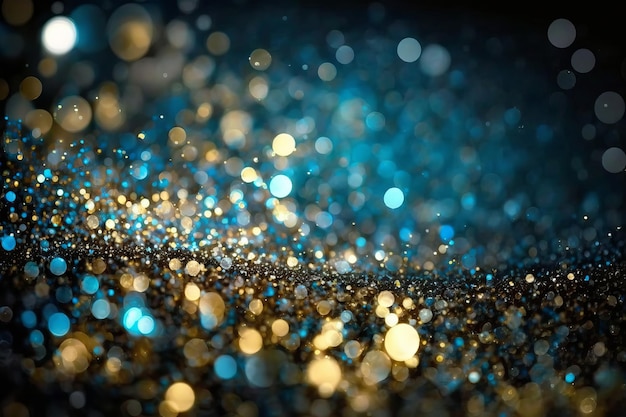 Hintergrund des abstrakten Glitzerlichts goldblau und schwarz defokussiert