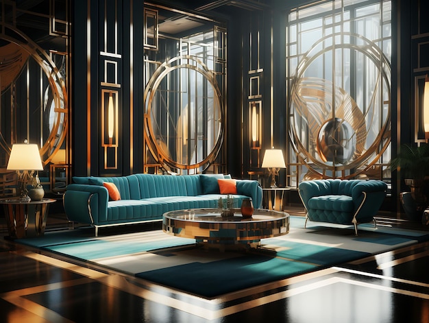 Hintergrund des Art-Deco-Zimmers Geometrische Muster Spiegelte Möbel Chrome a für Content Creator Stream