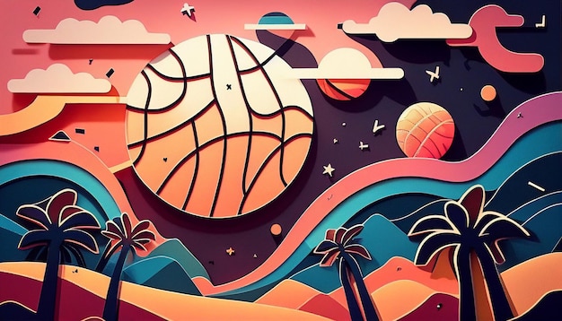 Hintergrund des Basketballspielplatzes im Scherenschnitt-Stil. Generative KI