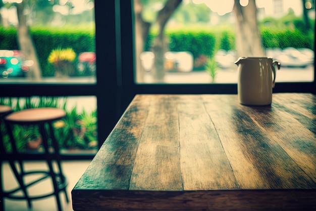 Hintergrund des Cafés ist ein getönter leerer Holztisch