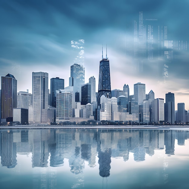 Hintergrund des Chicagoer Stadtbildes in Blaugrau und Weiß, erstellt mit generativer KI