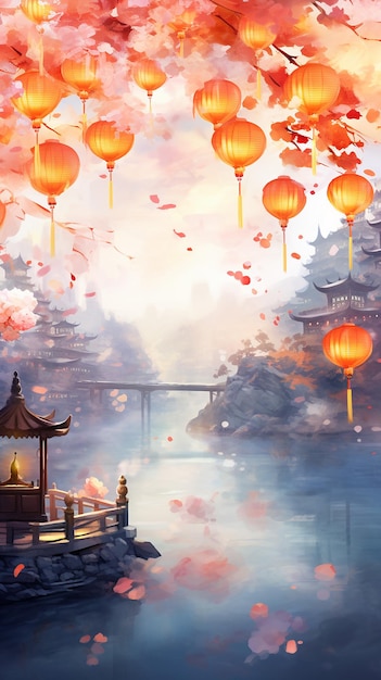 Hintergrund des chinesischen Neujahrs Aquarell-Lampenfestivals