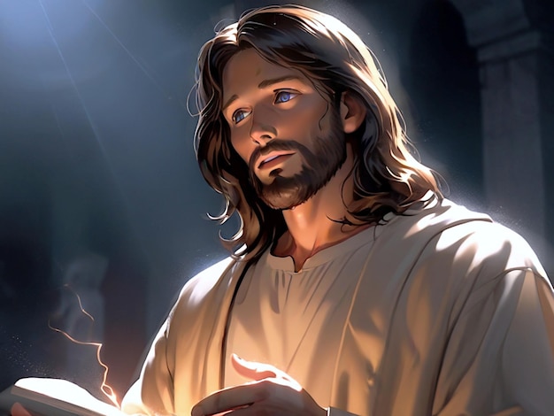 Hintergrund des Gemäldes von Jesus dem Christus, der das Buch in einer dunklen Umgebung mit verschwommenen Bildern hält