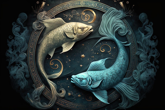 Foto hintergrund des heiligen tierkreises fische symbole astrologie alchemie magie zauberei und wahrsagerei generative ki digitale malerei sternzeichen fische am sternenhimmel aus nächster nähe