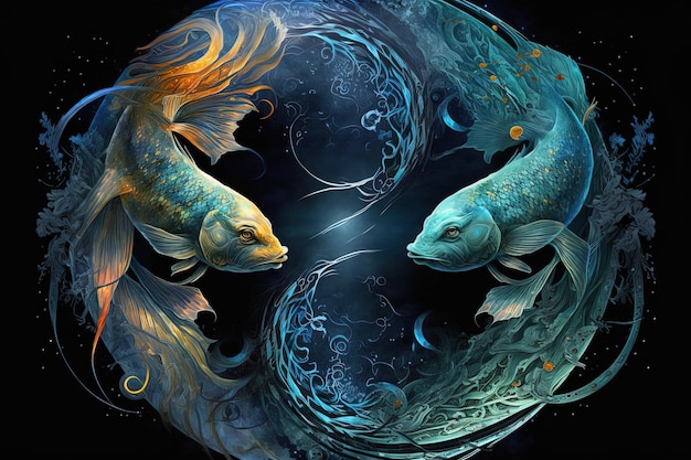 Hintergrund des heiligen Tierkreises Fische Symbole Astrologie Alchemie Magie Zauberei und Wahrsagerei generative KI digitale Malerei Sternzeichen Fische am Sternenhimmel aus nächster Nähe