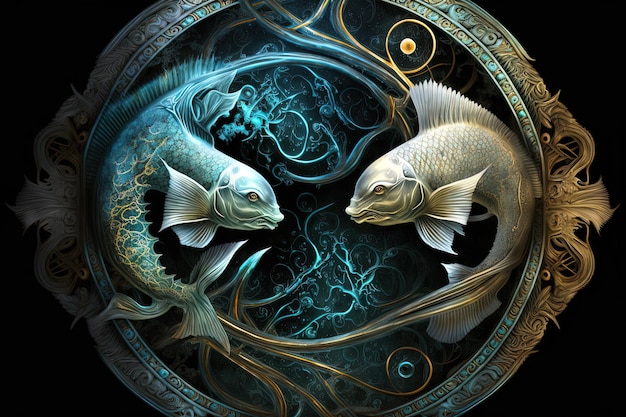 Hintergrund des heiligen Tierkreises Fische Symbole Astrologie Alchemie Magie Zauberei und Wahrsagerei generative KI digitale Malerei Sternzeichen Fische am Sternenhimmel aus nächster Nähe