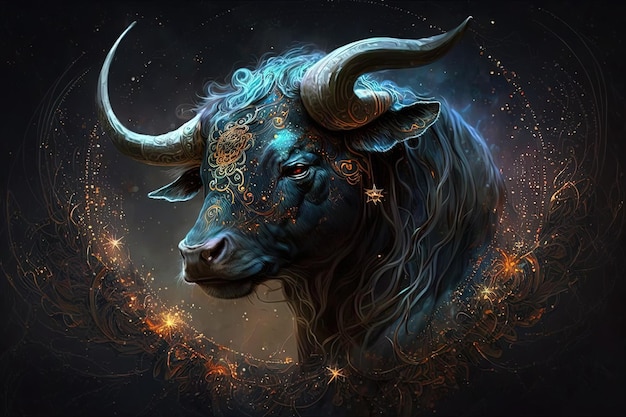 Hintergrund des heiligen Tierkreises Stier Symbole Astrologie Alchemie Magie Zauberei und Wahrsagerei generative KI digitale Malerei Sternzeichen Stier am Sternenhimmel aus nächster Nähe