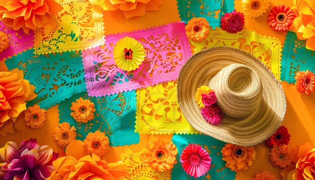 Foto hintergrund des hispanic heritage month mit mexikanischen papierflaggen, strohhut und blumen