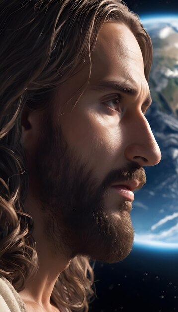 Hintergrund des Profilgesichts von Jesus dem Christus auf dem Hintergrund des Planeten Erde gesehen f