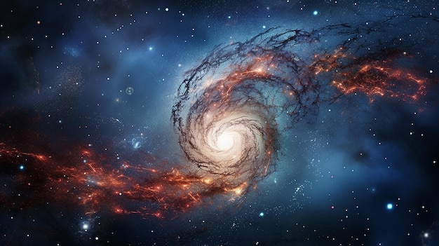 Hintergrund des Universums mit einem Blick aus dem Weltraum auf eine Spiralgalaxie und Sterne