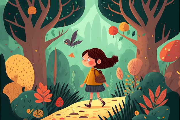 Hintergrund Design eines kleinen Mädchens, das mitten im Wald spielt, mit einem attraktiven bunten.