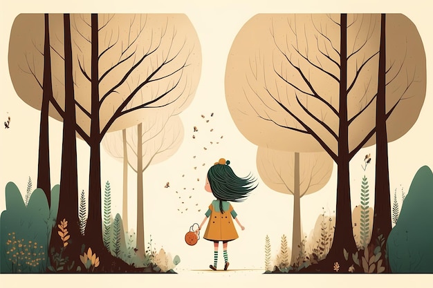 Hintergrund Design eines kleinen Mädchens, das mitten im Wald spielt, mit einem attraktiven bunten.