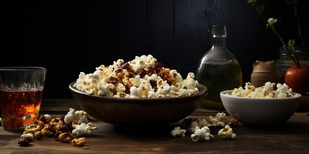 Hintergrund dunkler Lebensmittelfotografie Popcornschüssel auf dem Tisch in der Küche