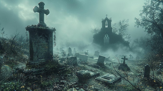 Hintergrund: Ein mit Nebel bedeckter Friedhof zerbröckelt